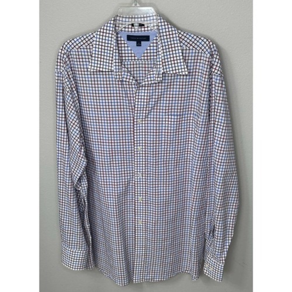 Tommy Hilfiger Mens Regular Fit Tattersall Check Button Down Shirt Blue Red 17 L